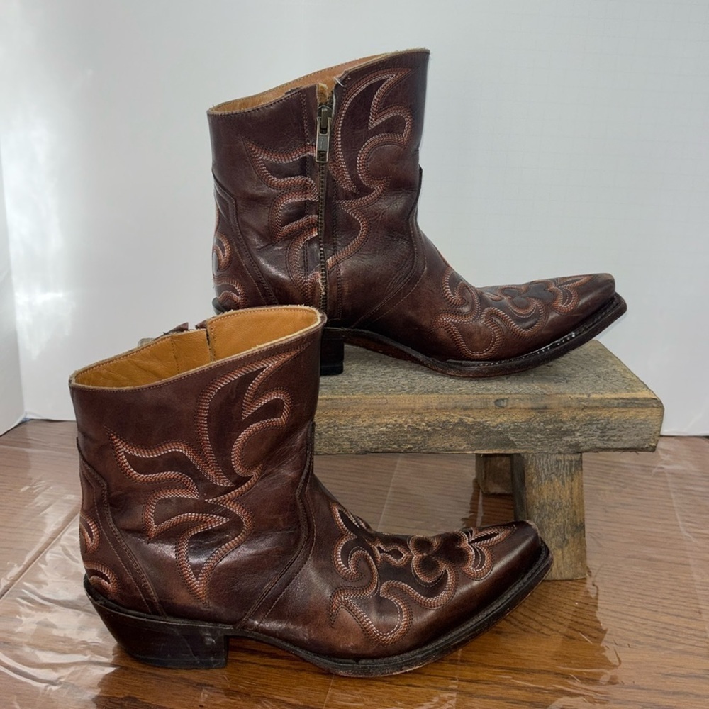 Lucchese Brown Embroidered Leather Ankle Boots